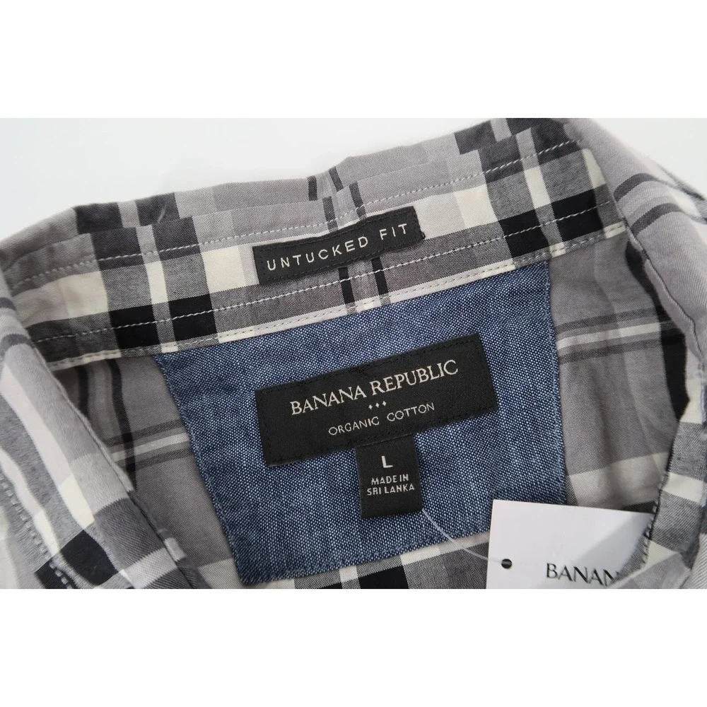 Banana Republic Button Down Shirt Mens‎ Large Gray Plaid Slim Untucked Fit New